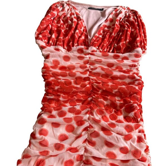 Vertigo Polka Dot Mesh Smocked Dress V-Neck Sleeveless Red Stretch Size Medium - Picture 3 of 12
